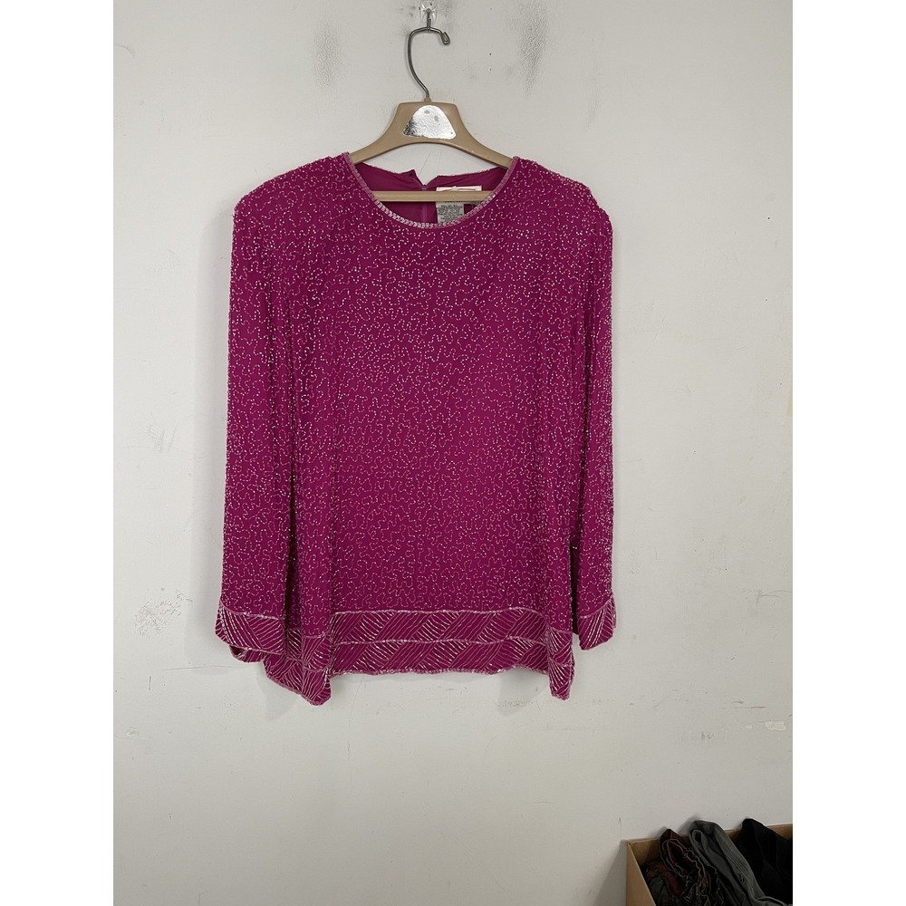 Talbots Joan Leslie Women's Beaded Silk Pink Full Zip Top Blouse‎ 3XL